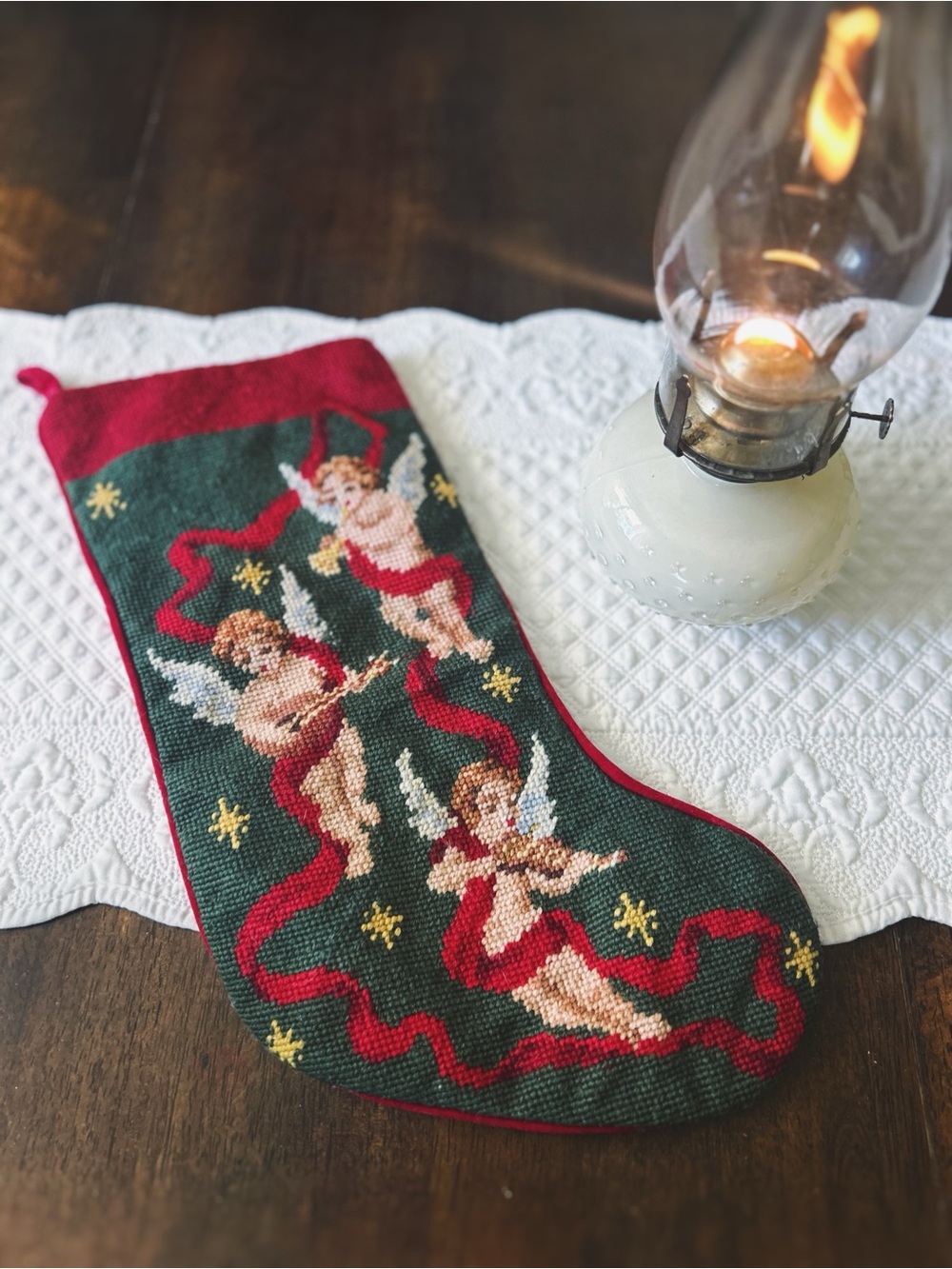 Vintage hand needlepoint Christmas stocking cherub angels Victorian holiday dec